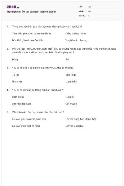 Trắc nghiệm: Ôn tập văn nghị luận có đáp án