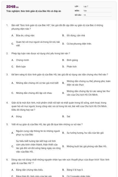 Trắc nghiệm: Đức tính giản dị của Bác Hồ có đáp án