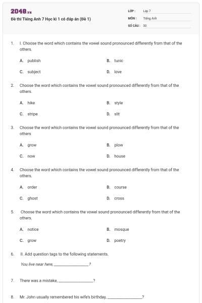 Đề thi Tiếng Anh 7 Học kì 1 có đáp án (Đề 1)