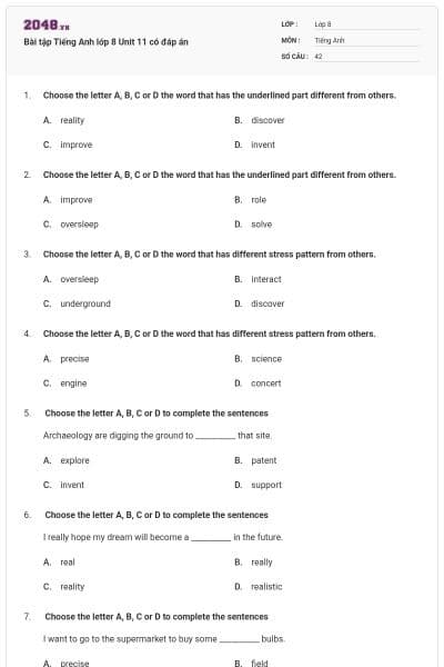 Bài tập Tiếng Anh lớp 8 Unit 11 có đáp án