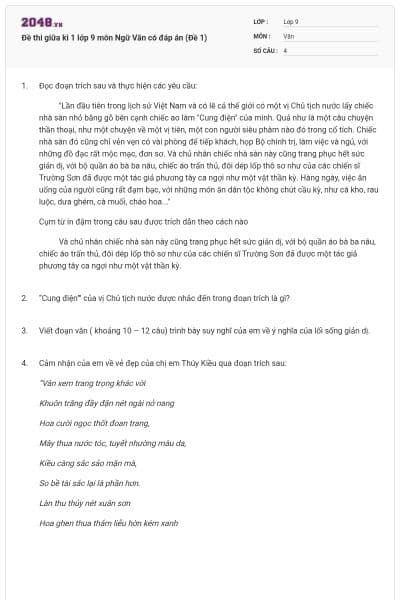 Đề thi giữa kì 1 lớp 9 môn Ngữ Văn có đáp án (Đề 1)