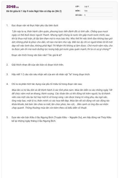 Đề thi giữa kì 1 lớp 9 môn Ngữ Văn có đáp án (Đề 2)