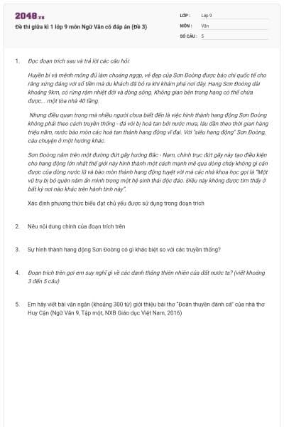 Đề thi giữa kì 1 lớp 9 môn Ngữ Văn có đáp án (Đề 3)