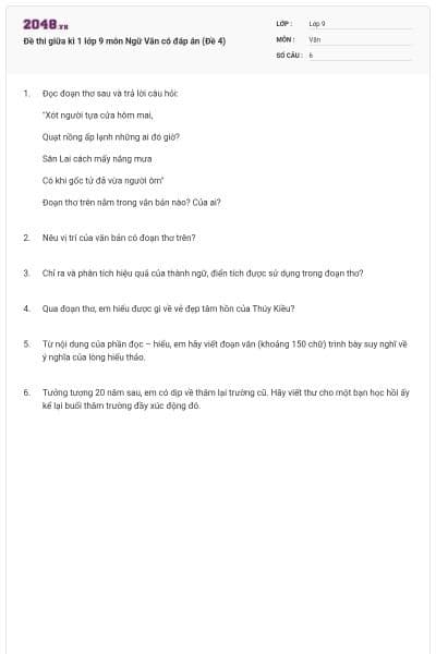 Đề thi giữa kì 1 lớp 9 môn Ngữ Văn có đáp án (Đề 4)