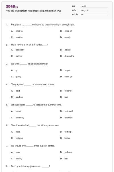 400 câu trắc nghiệm Ngữ pháp Tiếng Anh cơ bản (P2)