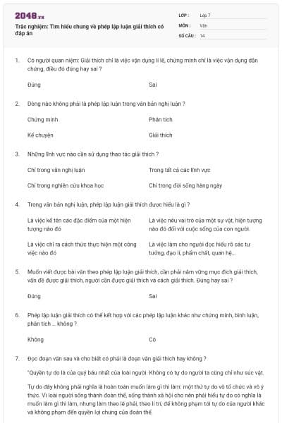 Trắc nghiệm: Tìm hiểu chung về phép lập luận giải thích có đáp án