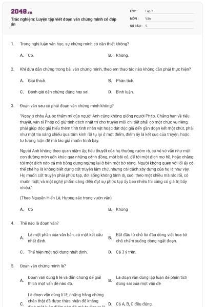 Trắc nghiệm: Luyện tập viết đoạn văn chứng minh có đáp án