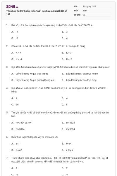 Tổng hợp đề thi thptqg môn Toán cực hay mới nhất (Đề số 15)