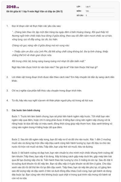 Đề thi giữa kì 1 lớp 9 môn Ngữ Văn có đáp án (Đề 5)