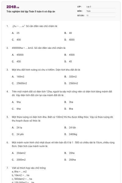 Trắc nghiệm bài tập Toán 5 tuần 6 có đáp án