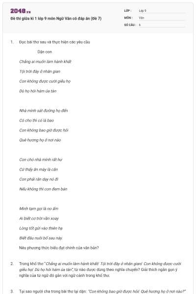 Đề thi giữa kì 1 lớp 9 môn Ngữ Văn có đáp án (Đề 7)