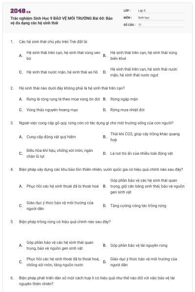 Trắc nghiệm Sinh Học 9 BẢO VỆ MÔI TRƯỜNG Bài 60: Bảo vệ đa dạng các hệ sinh thái