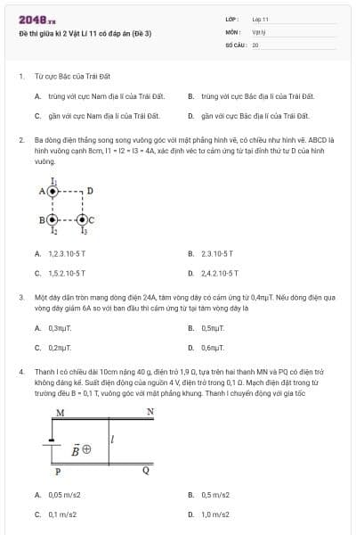Đề thi giữa kì 2 Vật Lí 11 có đáp án (Đề 3)