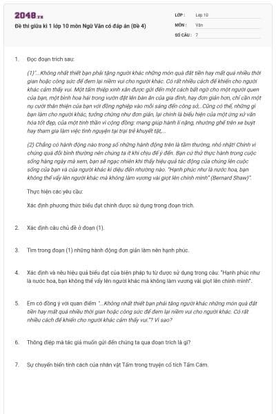 Đề thi giữa kì 1 lớp 10 môn Ngữ Văn có đáp án (Đề 4)