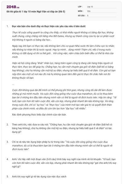 Đề thi giữa kì 1 lớp 10 môn Ngữ Văn có đáp án (Đề 5)