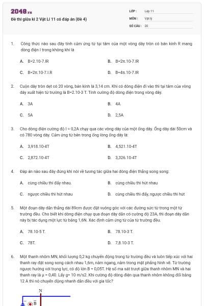 Đề thi giữa kì 2 Vật Lí 11 có đáp án (Đề 4)