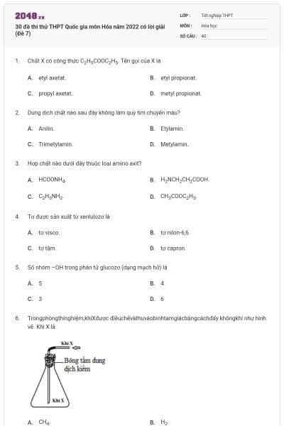 30 đề thi thử THPT Quốc gia môn Hóa năm 2022 có lời giải (Đề 7)