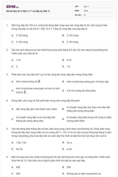 Đề thi Học kì 2 Vật Lí 11 có đáp án (Đề 1)