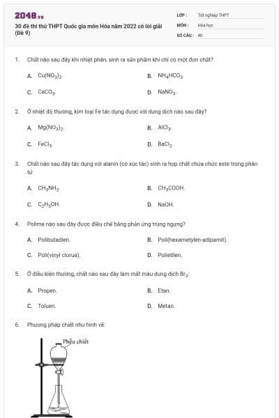 30 đề thi thử THPT Quốc gia môn Hóa năm 2022 có lời giải (Đề 9)
