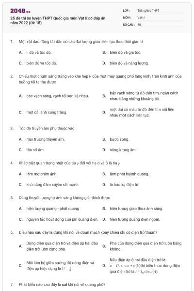 25 đề thi ôn luyện THPT Quốc gia môn Vật lí có đáp án năm 2022 (Đề 15)