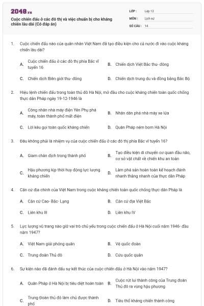 Cuộc chiến đấu ở các đô thị và việc chuẩn bị cho kháng chiến lâu dài (Có đáp án)