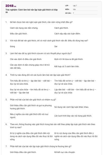 Trắc nghiệm: Cách làm bài văn lập luận giải thích có đáp án