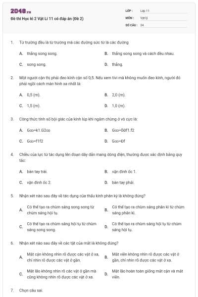 Đề thi Học kì 2 Vật Lí 11 có đáp án (Đề 2)