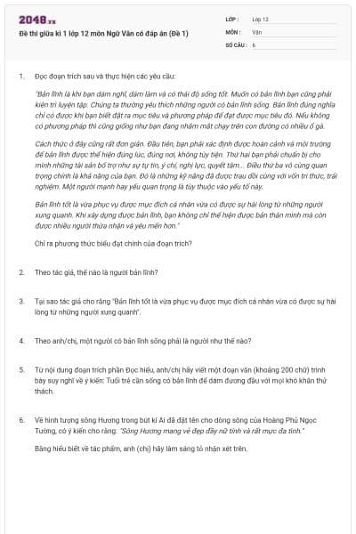 Đề thi giữa kì 1 lớp 12 môn Ngữ Văn có đáp án (Đề 1)