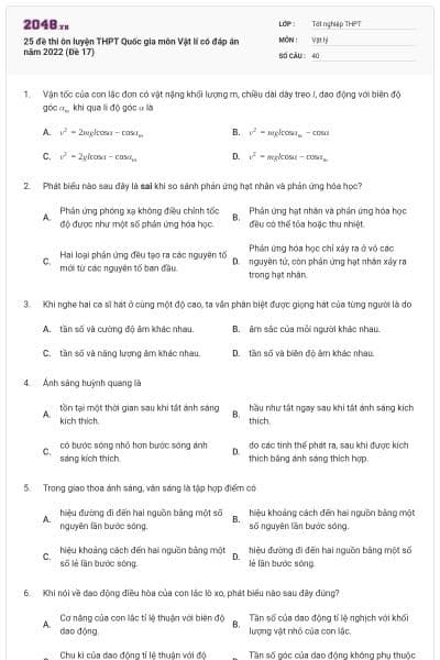 25 đề thi ôn luyện THPT Quốc gia môn Vật lí có đáp án năm 2022 (Đề 17)