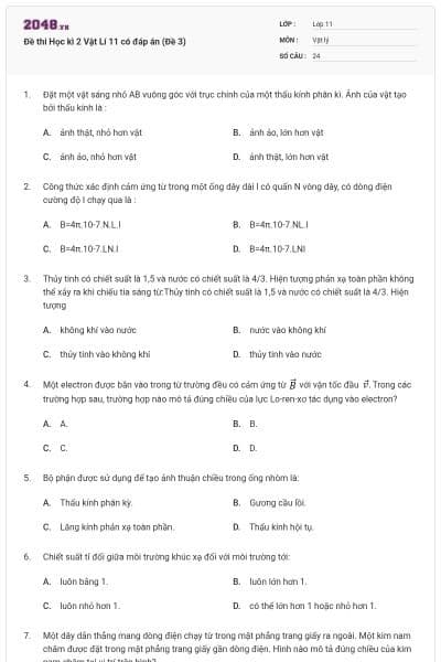 Đề thi Học kì 2 Vật Lí 11 có đáp án (Đề 3)