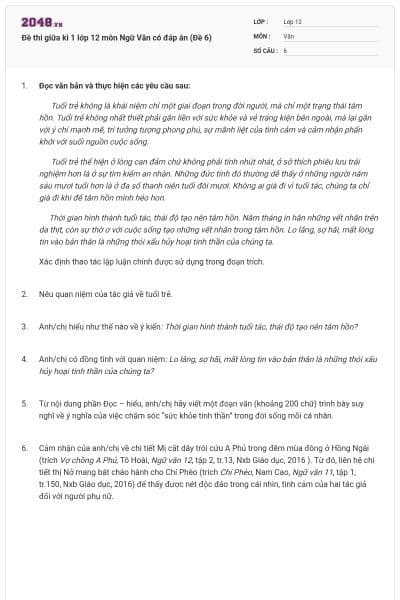 Đề thi giữa kì 1 lớp 12 môn Ngữ Văn có đáp án (Đề 6)