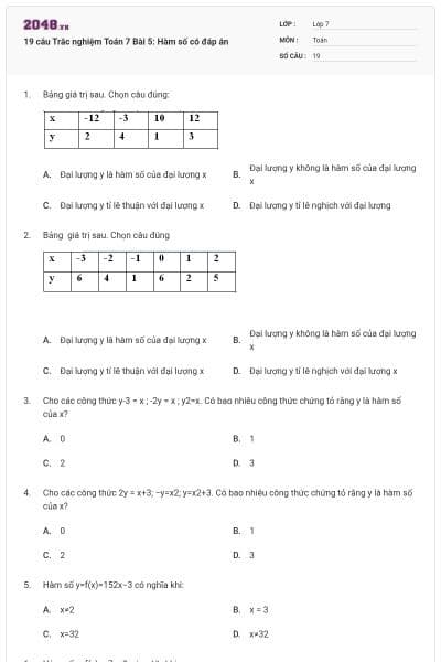 19 câu Trắc nghiệm Toán 7 Bài 5: Hàm số có đáp án