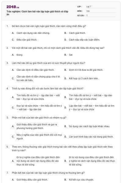 Trắc nghiệm: Cách làm bài văn lập luận giải thích có đáp án
