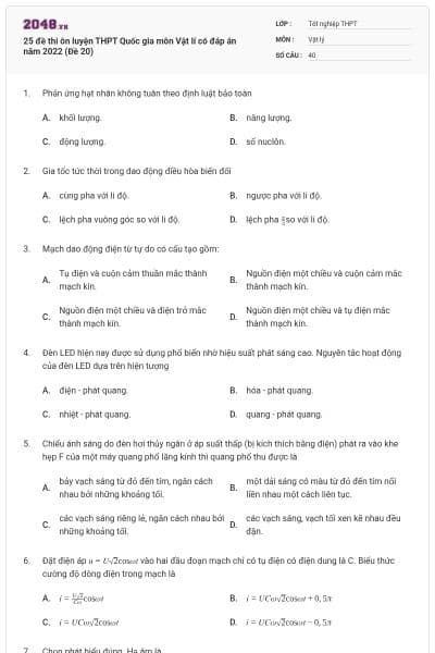 25 đề thi ôn luyện THPT Quốc gia môn Vật lí có đáp án năm 2022 (Đề 20)