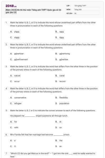 [Năm 2022] Đề thi thử môn Tiếng anh THPT Quốc gia có lời giải (Đề 23)