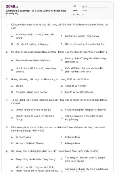 Âm mưu mới của Pháp - Mĩ ở Đông Dương: Kế hoạch Nava (Có đáp án)