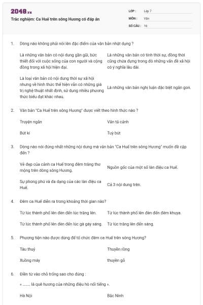 Trắc nghiệm: Ca Huế trên sông Hương có đáp án