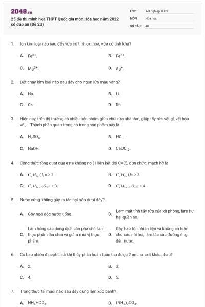 25 đề thi minh họa THPT Quốc gia môn Hóa học năm 2022 có đáp án (Đề 23)