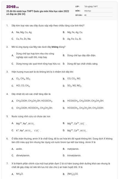 25 đề thi minh họa THPT Quốc gia môn Hóa học năm 2022 có đáp án (Đề 24)