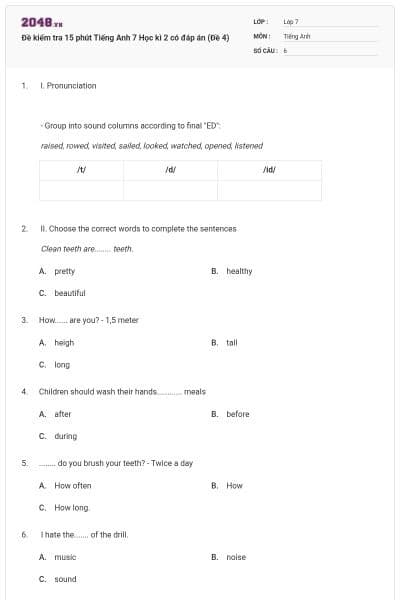 Đề kiểm tra 15 phút Tiếng Anh 7 Học kì 2 có đáp án (Đề 4)