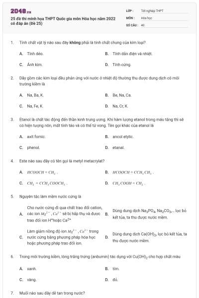 25 đề thi minh họa THPT Quốc gia môn Hóa học năm 2022 có đáp án (Đề 25)