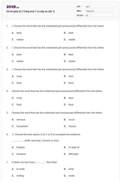 Đề thi giữa kì 2 Tiếng Anh 7 có đáp án (Đề 1)