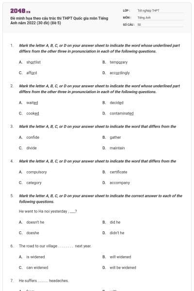 Đề minh họa theo cấu trúc thi THPT Quốc gia môn Tiếng Anh năm 2022 (30 đề) (Đề 5)