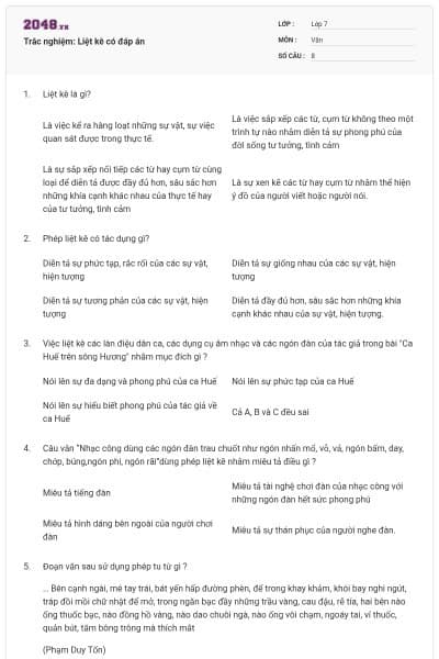 Trắc nghiệm: Liệt kê có đáp án