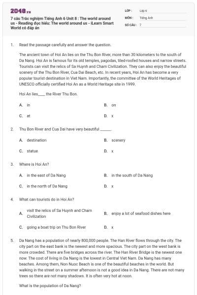 7 câu Trắc nghiệm Tiếng Anh 6 Unit 8 : The world around us - Reading đọc hiểu: The world around us - iLearn Smart World có đáp án