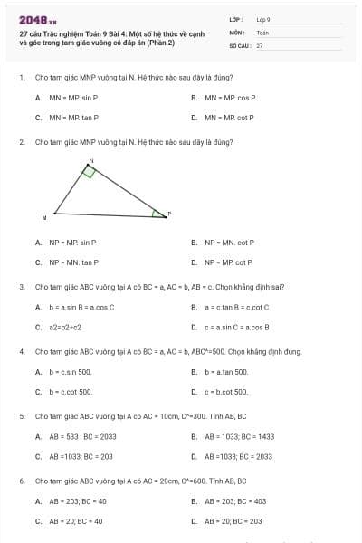 27 câu Trắc nghiệm Toán 9 Bài 4: Một số hệ thức về cạnh và góc trong tam giác vuông có đáp án (Phần 2)