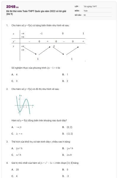 Đề thi thử môn Toán THPT Quốc gia năm 2022 có lời giải (Đề 9)