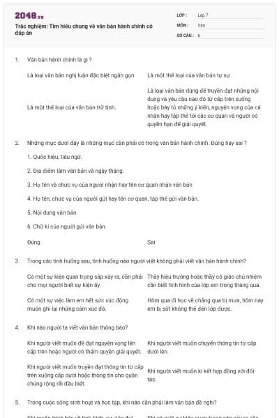 Trắc nghiệm: Tìm hiểu chung về văn bản hành chính có đáp án