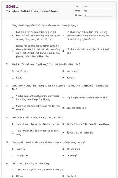 Trắc nghiệm: Ca Huế trên sông Hương có đáp án