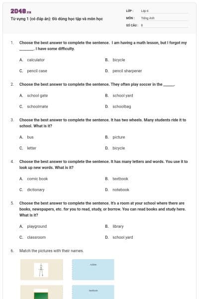 Từ vựng 1 (có đáp án): Đồ dùng học tập và môn học